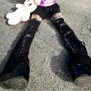 Socken Strumpfwaren Damen Schicke Beinstulpen Hohe Kniestrümpfe Schwarz Metall Schnallenstrumpf Punk Gothic Kawaii Y2K Stiefelsocken Streetwear