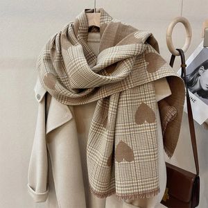 Sarongs Double Side Cashmere Scarf Autumn Winter Women s Love Heart Plaid Fashion Ladies Long Thickened Warm Knitted Hijab Stole 231025