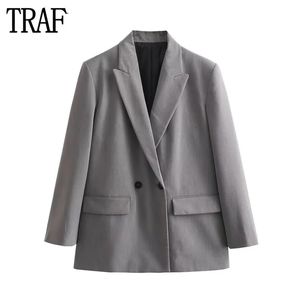Женские костюмы Пиджаки TRAF Серый длинный пиджак большого размера Женский двубортный осенний офисный пиджак Мужской женский 231025