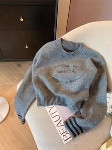 Gray letter embroidery round neck short sweater for women autumn casual versatile foreign style soft waxy pullover sweater