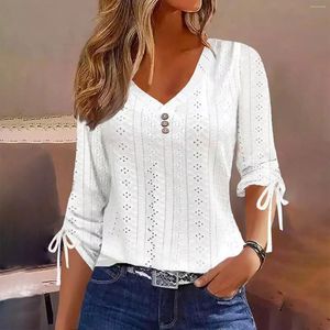 Women's Blouses Women Solid V Neck Shirt Long Sleeve Loose Tops Hollow Jacquard Drawstring Shirts & Top Autumn Clothes