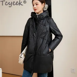 Pelle da donna 2023 di media lunghezza genuino giacca da donna inverno caldo donna giù allentato pelle di pecora nera cappotti Veste Cuir Femme