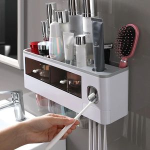 Toothbrush Holders Toothbrush Holder Toiletry Organizer Magnetic Adsorption Wall Automatic Toothpaste Squeezer Storage Rack Bathroom Accessories 231025