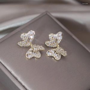 Brincos pendurados design coreano joias da moda 14k banhado a ouro borboleta dupla zircão acessórios elegantes para festa de dança feminina