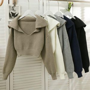 Women's Sweaters Women's Winter Cropped Knitted Sweater Tops Women Casual Korean Ribbed V-neck Long Sleeve Oversize Pullovers Female