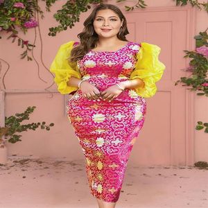 Plus Size Kleider Print, figurbetontes Kleid für Frauen, durchsichtig, Puffärmel, Patchwork, Frühling, elegant, Bleistift, Mode, Party, Abend, Gow302K