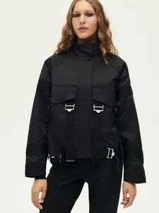 Kurtki damskie RR2784 Waterprot Black Bomber for Women Oficjalny sklep kontrast wysokie szyi długie rękawy z pasującymi opaskami płaszcz