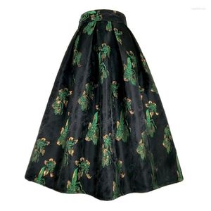 Skirts 2023 Autumn Korean Reviews Many Clothes Luxury Elegant Women's Green Golden Floral Embroidery High Waist Long Pleated Skirt