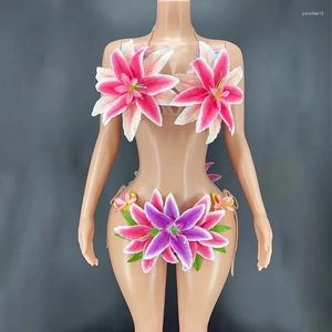 Stage Wear Sexy Colorful Big Flowers Transparent Bikini Dress Women Dancer Show Stretch Costume Outfit Evening Prom Party