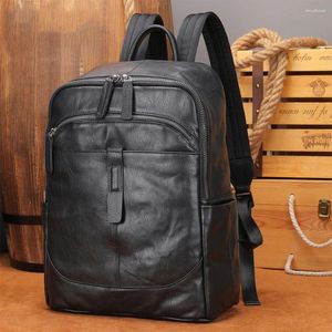 Schultaschen Schwarz Leder Männer Rucksack Echte Reisetasche Casual Daypack Rindsleder Große Laptop Weiche Haut 14