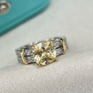 Sarı kare elmas yüzük çift sıra elmas elmaslar vintage tasarımcı takı elmas nişan düğün lüks mücevher moda geometrik 925 Sterling gümüş hediye kutusu