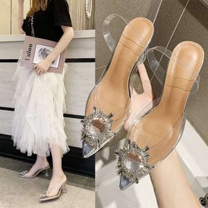 AMINA MUADDI2024 Summer Nya koreanska diamant Transparent Crystal Shoes High Heeled Sandals Thin Heeled Women's Shoes Large 41