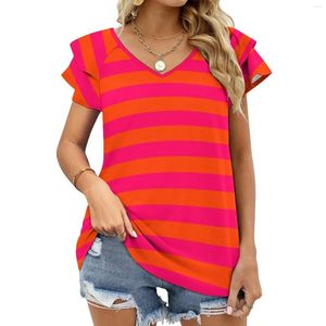 Camisetas femininas laranja e neon rosa listras horizontais folha de lótus pescoço camiseta bonito elegante topos camisetas de manga longa