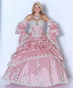 Princess Pink Sweetheart Quinceanera Dresses With Detachable Bell Long Sleeves Lace Appliques Ruched Corset Long Vintage Prom Sweet 16 Dress Girls Brithday Gown