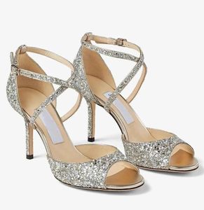 Dressing na noc Emsy Glitter Sandals Buty Paski Crossover Kobiety otwarte palce na obcasie impreza ślub ślubna lady gladiator sandalias