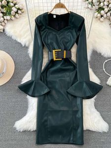Casual Dresses Women Autumn Dress Retro Style Flare Long Sleeve Square Neck Waist Wrap Slim Mid Length PU Leather Hip D5112