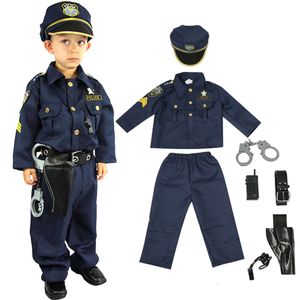 Cosplay oficial traje de halloween para crianças meninos américa polícia camisa calças chapéu cinto apito arma coldre walkie talkie policial setcosplay