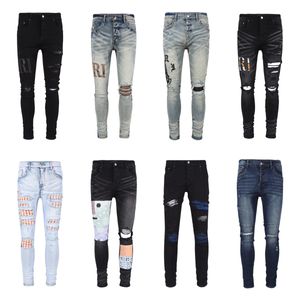 Calças de brim roxas High Street Hole Patch Homens Mulheres Ami Star Bordado Painel Stretch Slim Calças Americanas Size28-40