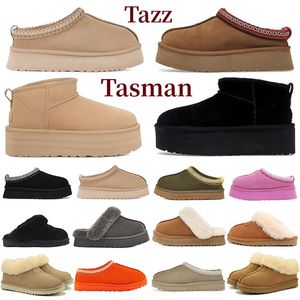 2023 Tasman Tazz Slippers Boots 밤나무 모피 슬라이드 양가죽 시어링 노인 남성 남성 울트라 미니 플랫폼 부츠 슬립 온 슈즈 컴포트 겨울