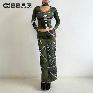 Duas peças vestido cibbar chique impressão longa saia define vintage y2k v pescoço manga colheita top e baixo aumento reto outono mulheres ternos 231025