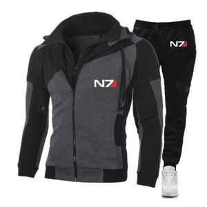 Herrspårar Mass Effect N7 Mens Hooded Zipper Fashion Casual Sportswear Running Stiliga jacka Sportbyxor Bekväma2175