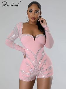 Women's Jumpsuits Rompers Znaiml Elegant Long Sleeve Playsuit Nightclub Birthday Outfits Woman Sparkly Diamonds Short Luxury 231025