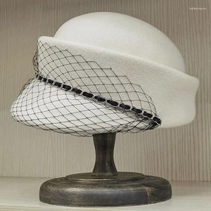 Berets Wolle Baskenmütze Frauen Fedora Hut Fascinator Winter Hüte Kette Schleier Netting Damen Pillbox Hochzeit Tee Party