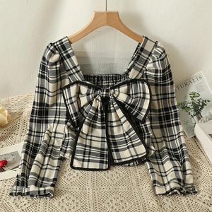 Women's Blouses Vintage Bow Print Plaid Shirt Long Sleeve Pleated Square Neck Crop Top 2023 Autumn Fashion Sweet Casual Preppy Tops
