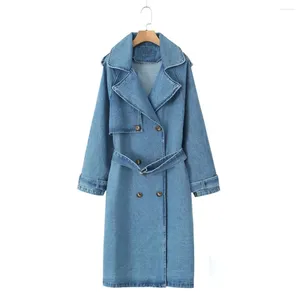 Trench da donna Cappotto di jeans da donna Autunno Inverno con cintura Blue Jeans lungo doppio petto