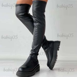 Stivali Stivali da donna stile punk Taglia grande 35-43 Stivali sopra il ginocchio sexy Scarpe invernali da donna Piattaforma Tacco medio Stivali alti alla coscia Nero T231025