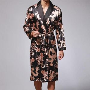 Plus Size Men's Sleepwear Bathrobe Silk Kimono Long Sleeve Robes Dressing Gown Print Satin Pajamas Men Night Peignoir Homme264O