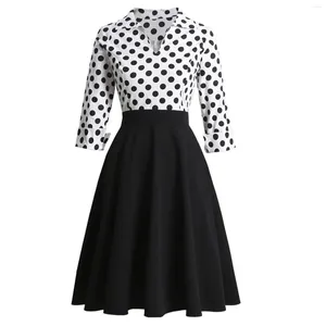 Sıradan Elbiseler Sonbahar Kadınlar Zarif Polka Nokta Beyaz ve Siyah Vintage Midi V yaka üç çeyrek kollu retro elbise vestidos
