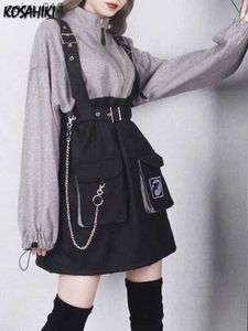 Grundläggande casual klänningar Kosahiki kvinnor gotisk punk lolita klänning hög midja långärmad tjej falska två stycken kontrast lapptäckklänningar+bältesdräkt yq231025