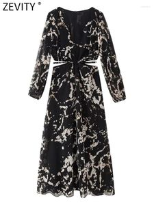 Повседневные платья Zevity 2023, женское винтажное шифоновое платье миди с v-образным вырезом и принтом граффити, женское шикарное платье на молнии с вырезами, Vestidos 5142