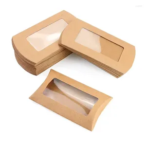 Presentförpackning 100st kuddeform Form Cookie Candy Box med Window Wedding Christmas Kraft Paper Packaging Boxes Birthday Party Supplies