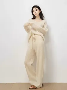 Women's Two Piece Pants High End Cashmere Knitted Set For Women V-neck Long Sleeve Casual Loose Sweater Wide Leg Sets Autumn Winter