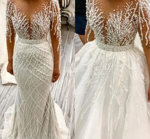 Mermaid African Wedding Dresses 2024 With Detachable Tulle Train Heavy Handwork Sequins Beads Women Bride Gown Lace Applique Bride Gown Robe De Mariage