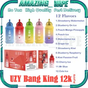 Original UZY Bang King 12000 Puff Descartável E Cigarros 0.8ohm Malha Bobina 23ml Pod Bateria Recarregável Eletrônico Cigs Puff 12K 0% 2% 3% 5% Vape Pen