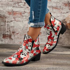 Boots Vintage Printed Cowboy Boots for Women 2023 Autumn Winter Pu Leather Ankle Boots Woman Slip On Thick Heels Chelsea Botines Mujer T231025