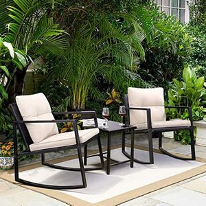 Camp Furniture Greesum 3 Pieces Rocking Wicker Bistro Set Patio Outdoor Conversation Sets Porch Chairs Glass Coffee Table Beige