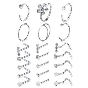 Nose Rings Hoop L Shape Studs Stainless Steel Screw Bone Flat Top Diamond Opal Heart High Nostril Piercing Jewelry for Women Men282t