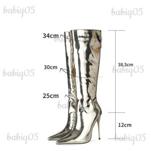 Botas 2022 Novas botas altas de joelho de inverno 15 cores Dedo apontado salto fino prata Curto pelúcia moda couro envernizado / botas de camurça tamanho 47 T231025