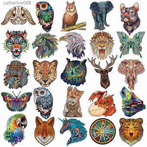 Pussel Populära träfångarpussel Ljusa färgade Wolf Owl Eagle Cat Wood Puzzles Senior Animal Intellektuell leksak för vuxna barnl231025