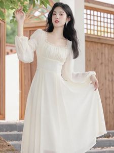 Casual Kleider Französisch Vintage Prinzessin Vestidos Mujer Herbst Spitze Square Neck Elegante Puff Sleeve Für Frauen Süße Aprikose Fee Kleid