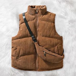 Men's Vests Men Winter Cotton Vest Stand Collar Neck Protection Sleeveless Waistcoat Thickened Padded Cardigan With Chest Bag