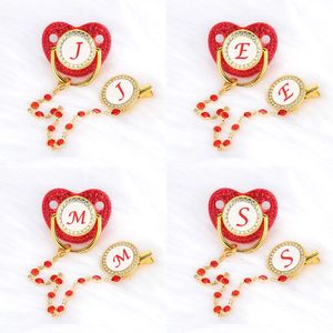 Other Baby Feeding Red Rhinestone Initials Pacifier with Chain Clip Cover Set Luxury 26 Letters born Personalized Pacifiers Silicone Nipple 231025