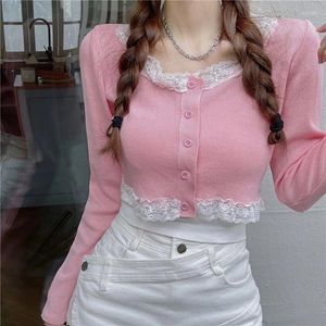 Women's Knits Woman Sweaters Cardigan V-neck Long-Sleeve Knitwear 2023 Summer Single-Breasted Lace Top Clothing