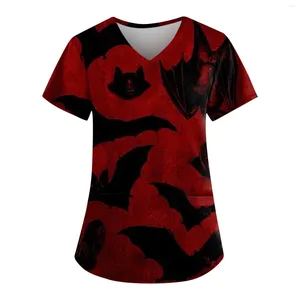 Damen T-Shirts Halloween Print V-Ausschnitt Top Kurzarm Uniform Frauen Kürbis Bluse Plus Größe S-5XL Tops Arbeiten