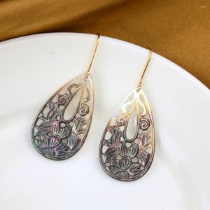 Dangle Earrings Natural Black Shell Carved Flower Long Tear Water Drop Mother Of Pearl Fine Hook MOP Banquet Paty Jewelry