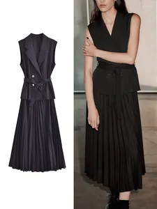 Sıradan Elbiseler Zarif 2023 Kadın Blazer Yelek Kemer Vintage Katı Patchwork Orta Kalf Çentikli Çift Göğüslü Elbise
